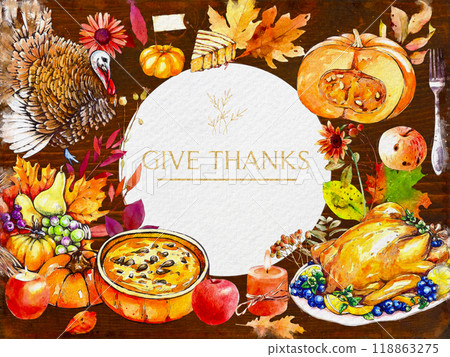 Thanksgiving feast and turkey watercolor Thanksgiving feast and turkey watercolor 118863275