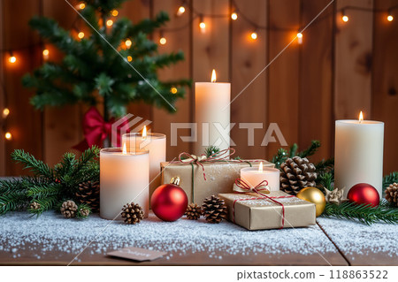 溫暖的聖誕蠟燭和裝飾品 溫暖的聖誕蠟燭和裝飾品 118863522