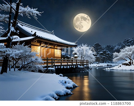 Japanese architecture illuminated by moonlight in winter Japanese architecture illuminated by moonlight in winter 118863700