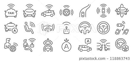 Autonomous car icon set. It included robot taxi, autopilot , auto drive, vehicle, auto-detect, and more icons. Editable Vector Stroke. 118863743