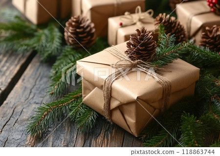 Pine cones with fir branches and Christmas gift boxes on wooden background Pine cones with fir branches and Christmas gift boxes on wooden background 118863744