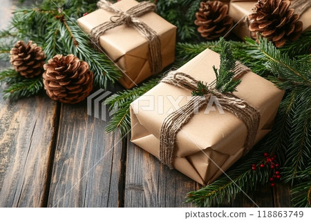 Pine cones with fir branches and Christmas gift boxes on wooden background 118863749