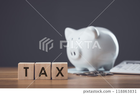 TAX is written on a wooden block beside a white piggy bank, a bank book, and a pile of coins on a wooden table against a dark gray background. Financial planning, savings, and wise money management. TAX is written on a wooden block beside a white piggy bank, a bank book, and a pile of coins on a wooden table against a dark gray background. Financial planning, savings, and wise money management. 118863831