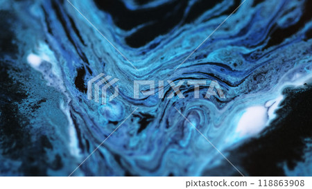 Ink mix wave. Liquid acrylic spill. Blur glowing blue black color marble texture paint emulsion blend abstract art background. 118863908