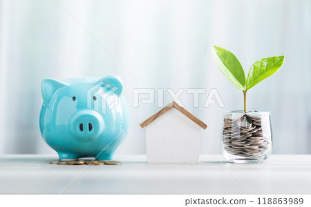 Glass jar filled with coins and a small seedling in the center, with stacked coins blue piggy bank and a wooden house model on a table. Saving for house and financial growth 118863989