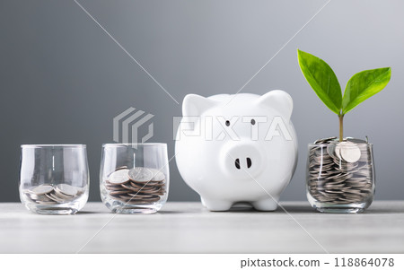 Glass jar filled with coins, with a small seedling growing in the center and white piggy bank placed on a table against a dark grey backdrop. The concept of saving and financial growth for future Glass jar filled with coins, with a small seedling growing in the center and white piggy bank placed on a table against a dark grey backdrop. The concept of saving and financial growth for future 118864078