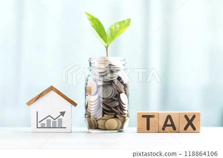 TAX is write on a wooden block next to a stack of coins and a house model and coins jar with small plant on a wooden table. Tax awareness, financial planning, savings, and effective money management TAX is write on a wooden block next to a stack of coins and a house model and coins jar with small plant on a wooden table. Tax awareness, financial planning, savings, and effective money management 118864106