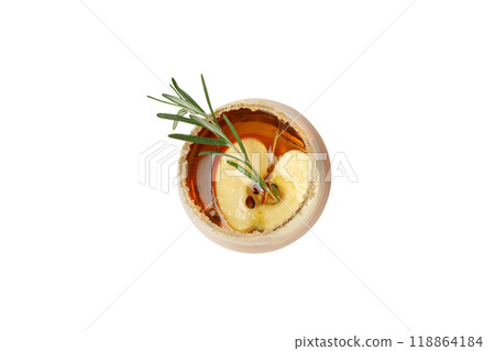 PNG, Apple cider with rosemary branch and slice of apple in glass, isolated on white background, top view PNG, Apple cider with rosemary branch and slice of apple in glass, isolated on white background, top view 118864184