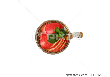 PNG, Apple cider with mint and slices of apple in glass cup, isolated on white background, top view 118864185