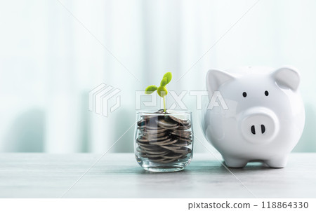A white piggy bank and a jar of coins with a small seedling growing in the center sit on a table against a bright white background. The image symbolizes saving and financial growth for the future. 118864330