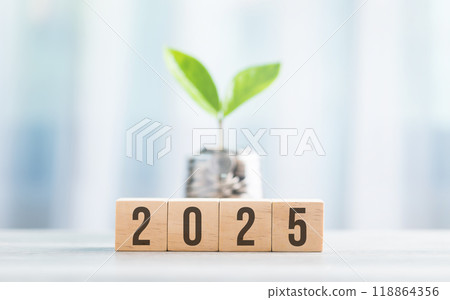 2025 is written on a wooden block next to a glass jar filled with coins, placed on a wooden table against a bright white. symbolizes financial planning, savings, and effective money management 2025 is written on a wooden block next to a glass jar filled with coins, placed on a wooden table against a bright white. symbolizes financial planning, savings, and effective money management 118864356