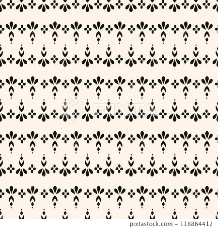 Vector black and white floral seamless pattern. Abstract minimal geometric ornament with flowers in oriental style. Simple monochrome background. Vector black and white floral seamless pattern. Abstract minimal geometric ornament with flowers in oriental style. Simple monochrome background. 118864412
