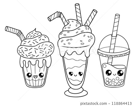 Outline glass milk shake with cream dessert, candies and bubble tea with straw set. Isolated funny cartoon kawaii character drink. Line drawing, coloring book. Vector illustration. Kids collection 118864413