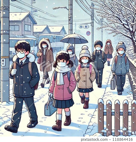 Children wearing masks going to school in the snow 118864416