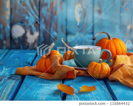Blue coffee cup with hot drink on turquoise wooden table surrounded by small pumpkins, dried leaves, blue fabric in warm autumn light. Cozy fall morning with seasonal decorations. Ai generation Blue coffee cup with hot drink on turquoise wooden table surrounded by small pumpkins, dried leaves, blue fabric in warm autumn light. Cozy fall morning with seasonal decorations. Ai generation 118864432