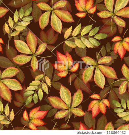 Watercolor falling leaves of chestnut, rowanberry and maple in yellow, green and red colors seamless pattern on dark brown. Fall realistic background for October forest botanical design. Autumn nature Watercolor falling leaves of chestnut, rowanberry and maple in yellow, green and red colors seamless pattern on dark brown. Fall realistic background for October forest botanical design. Autumn nature 118864482