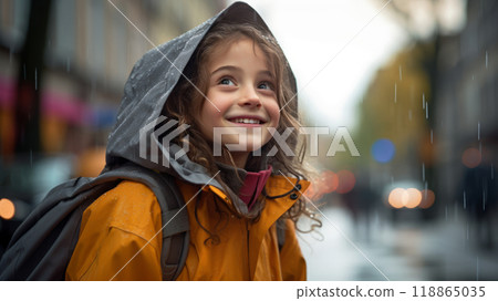 Positive girl in a raincoat. Great mood 118865035