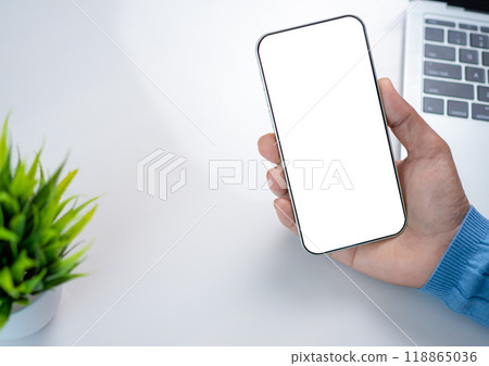 Mockup image screen smartphone, Cell phone with blank space for text, Hand woman work using smartphone, White background for advertising, Marketing, Design, Design creative work space. 118865036