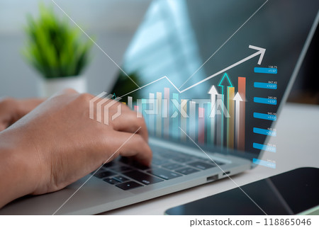 Businessman is showing a growing virtual hologram of analytics dashboard with charts, Stock market, Business growth, Progress or success concept, Invest in trading, Finance, Sales, Marketing. 118865046