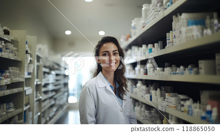 A female pharmacist is surrounded by shelves of medicines. 118865050
