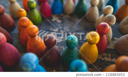 Multi-colored wooden figures symbolize the team. 118865052
