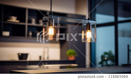 Stylish lamp over the kitchen countertop. 118865068