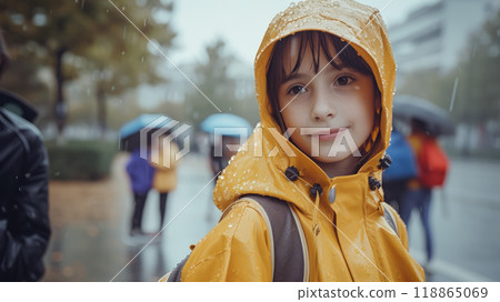 Portrait of a schoolgirl in a wet raincoat. 118865069