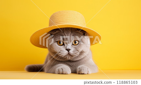 Small kitten in a straw hat on a yellow background. 118865103