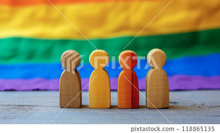 Multi-colored wooden figures symbolizing people. 118865135
