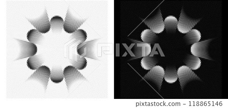 Halftone shape as icon or background. Abstract floral vector with dots as logo or emblem. Black shape on a white background and the same white shape on the black side. 118865146