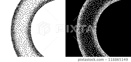 Abstract background with dotted line. Landing page with stipple dots background. Black shapes on a white background and the same white shapes on the black side. 118865149