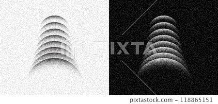 Modern abstract background with stipple semicircles. Vector dotted design element. Black dots on a white background and white dots on the black side. Modern abstract background with stipple semicircles. Vector dotted design element. Black dots on a white background and white dots on the black side. 118865151