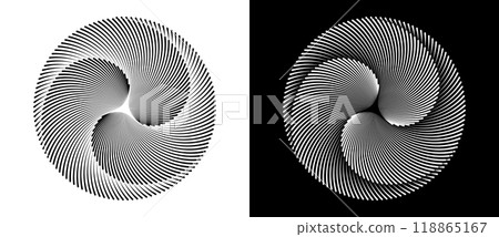 Lines in circle abstract background. Dynamic transition illusion with 3 parts. Black shape on a white background and the same white shape on the black side. Lines in circle abstract background. Dynamic transition illusion with 3 parts. Black shape on a white background and the same white shape on the black side. 118865167