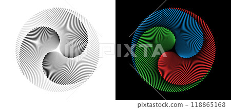 Lines in circle abstract background. Dynamic transition illusion with 3 parts. Black shape on a white background and the color shape on the black side. 118865168