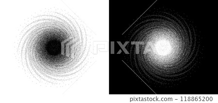Abstract art background with dotted spiral. Stipple effect with chaotic noise. Black shape on a white background and the same white shape on the black side. Abstract art background with dotted spiral. Stipple effect with chaotic noise. Black shape on a white background and the same white shape on the black side. 118865200