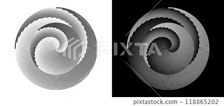 Abstract background with lines in circle. Art design spiral as logo or icon. A black figure on a white background and an equally white figure on the black side. Abstract background with lines in circle. Art design spiral as logo or icon. A black figure on a white background and an equally white figure on the black side. 118865202