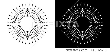 Art sun background. Icon template or logo with halftone dotted lines. Black shape on a white background and the same white shape on the black side. 118865206