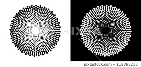 Modern abstract background. Halftone dots in circle form. Round logo. Vector dotted frame. Design element or icon. Black shape on a white background and the same white shape on the black side. Modern abstract background. Halftone dots in circle form. Round logo. Vector dotted frame. Design element or icon. Black shape on a white background and the same white shape on the black side. 118865218