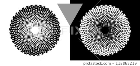 Modern abstract background with halftone triangles in circle form. Round logo. Black shape on a white background and the same white shape on the black side. Modern abstract background with halftone triangles in circle form. Round logo. Black shape on a white background and the same white shape on the black side. 118865219