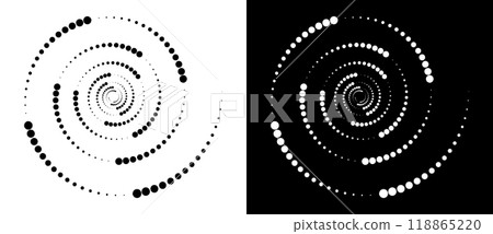 Circle abstract background with dynamic halftone dots in spiral. Black shape on a white background and the same white shape on the black side. Circle abstract background with dynamic halftone dots in spiral. Black shape on a white background and the same white shape on the black side. 118865220