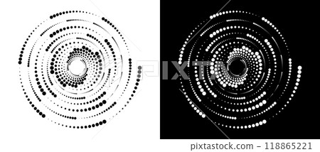 Circle abstract background with dynamic halftone dots in spiral. Black shape on a white background and the same white shape on the black side. Circle abstract background with dynamic halftone dots in spiral. Black shape on a white background and the same white shape on the black side. 118865221