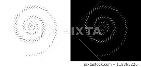 Circle abstract background with dynamic halftone dots in spiral. Black shape on a white background and the same white shape on the black side. 118865226