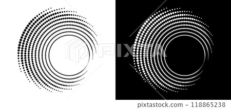 Modern abstract background. Halftone dots in circle form. Round logo. Vector dotted frame. Design element or icon. Black shape on a white background and the same white shape on the black side. 118865238