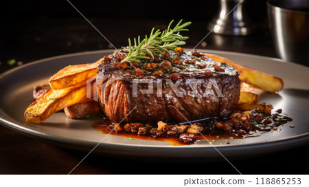 Close-up of seared steak with a sprig of rosemary. 118865253