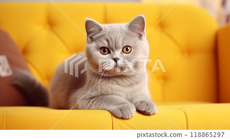 Beautiful kitten on a yellow sofa. Beautiful kitten on a yellow sofa. 118865297