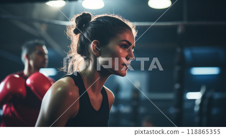 A young woman practices boxing in the gym. 118865355
