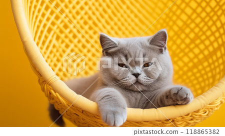 A dozing cat on a yellow chair. A dozing cat on a yellow chair. 118865382