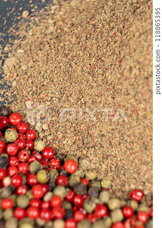 Ground pepper, a mixture of red, green, white and black pepper. Ground pepper, a mixture of red, green, white and black pepper. 118865395
