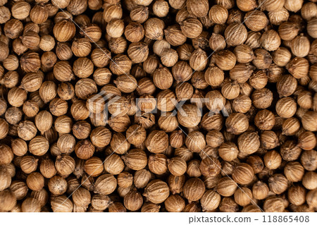 Coriander grains macro top view. 118865408