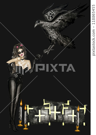 Watercolor set of autumn illustrations for Halloween with pumpkins, candles, raven, broom, witch, book. Happy Halloween party invitation or greeting card set for design of cards, posters. 118865455